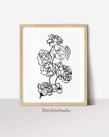 Rose One Line Art, Black White Modern Art Print